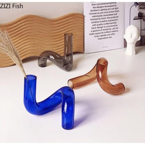 Nordic Bending Glass Vase Transparent Hydroponic Flower Arrangement Creativity Vases Candlestick Ornament Living Room Decoration