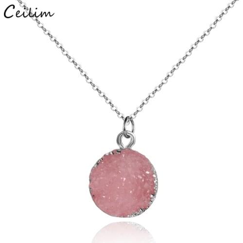 2020 New Round Druzy Pendant Necklace for Women Fashion Pink Resin Fake Stone Link Chain Necklace Boho Jewelry Female Collars