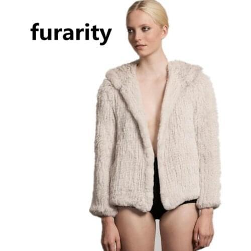 SF0002 winter women 100% real rabbit fur coat hand knitted style with hood factory direct sell