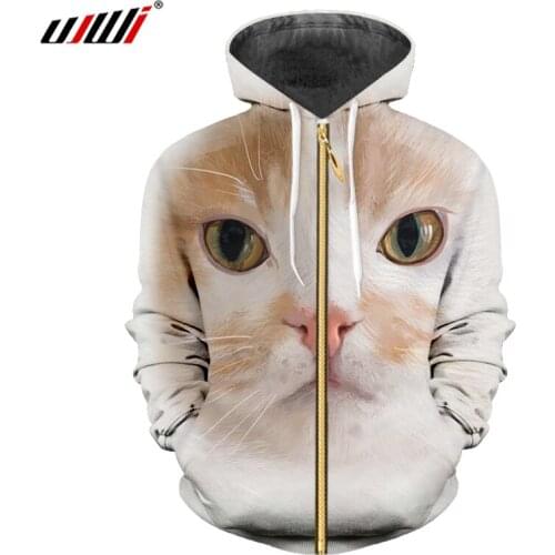 UJWL Autumn New Style Man Lovely Zipper Coat 3D Printed Animal Big Eyes Cat Personality Loose Mens Zip Hoodies