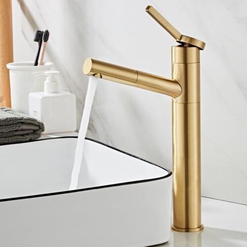 Pull out Basin Faucet Brass Bathroom Sink Mixer Tap Hot & Cold Brushed Gold Faucet with hand Shower head Lavatory Mixer Tap