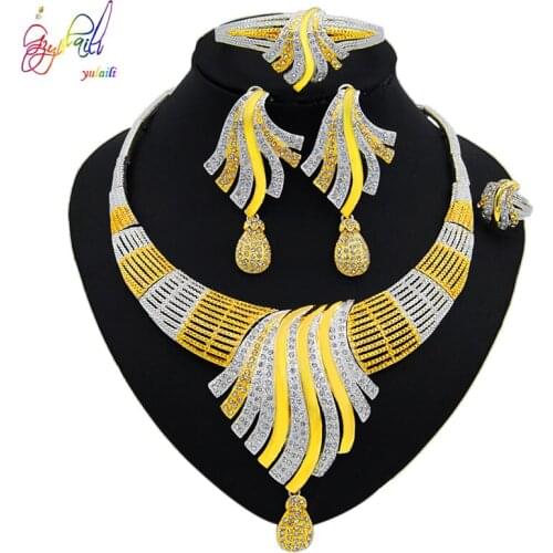 Yulaili Dubai Gold Jewelry Sets For Women Exquisite Pendant Necklace Earrings Charm Bracelet Ring Wedding Party Accessories