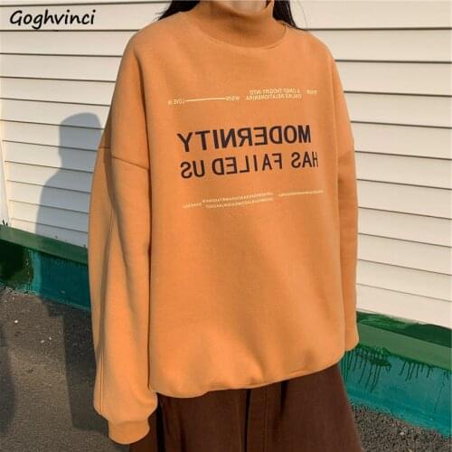 Women No Hat Hoodies Sweatshirts Big Size 2XL Loose Letters Printed Simple Korean Thicken Plus Velvet Half Turtleneck Ocllar