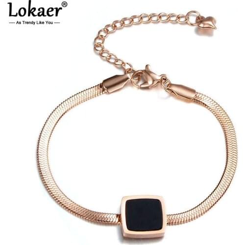 Lokaer Classic Square Black Shell Chain & Link Bracelets Bangles Jewelry Titanium Steel Charm Bracelets For Women B18001