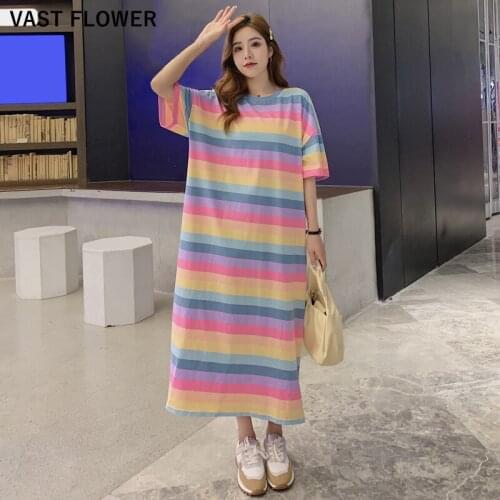 Korean Rainbow Striped T-Shirt Dress Women New Short Sleeve Loose Fit Casual Cotton Summer Maxi Long Dress Fashion Clothes 2021