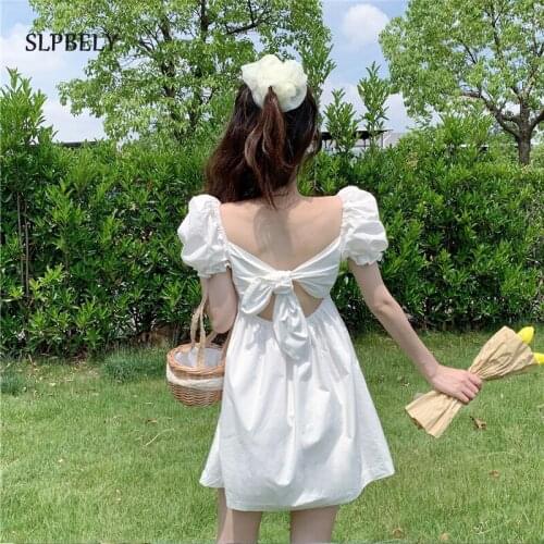 SLPBELY French Backless Dress For Women Summer Elegant Square Collar Puff Sleeve Lace Up Blackless Dress A Line Dress Vestido