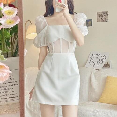 2021 Summer Beach Elegant Dress Women White Casual Vintage Evening Party Mini Drsseses Puff Sleeve Office Lady One-piece Dress