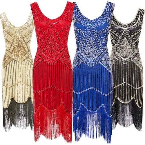 Women 1920s Vintage Flapper Great Gatsby Party Dress V-Neck Sleeveless Sequin Fringe Dresses 20s Party Retro Midi Dresses