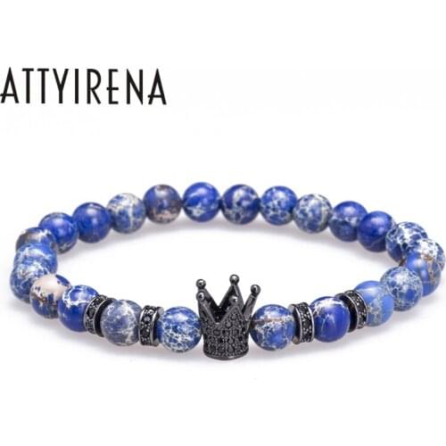 2018 Beaded bracelet Navy blue style Charm Crown zircon mosaic cooper Nature stone Gentleman jewelry Viking Pulseira bilezik