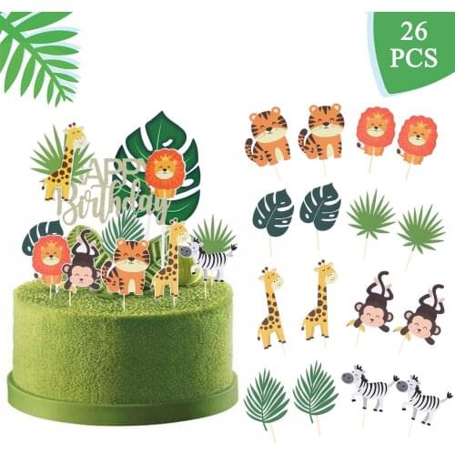 26Pcs Jungle Cartoon Animal Birthday Party Cake Topper Decoration Supply Lion Zebra Tiger Cupcake Happy Birthday Banner for Kid
