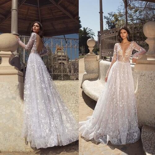 2020 Ball Gown Wedding Dresses Lace Applique Deep V-Neck Long Sleeve Vestido De Noiva Custom Made Bridal Dress