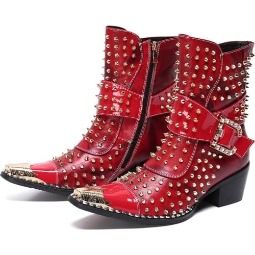 Spring and autumn fashion singer model personality high heel pointed Leather Boots Mens shoes quality rivet mens Boots