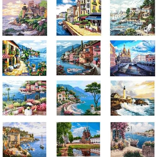 DIY Oil Painting Paint By Numbers"Seaside House Series" Acrylic Paint Drawing on Canvas Wall Art Hand Painted Home Decor