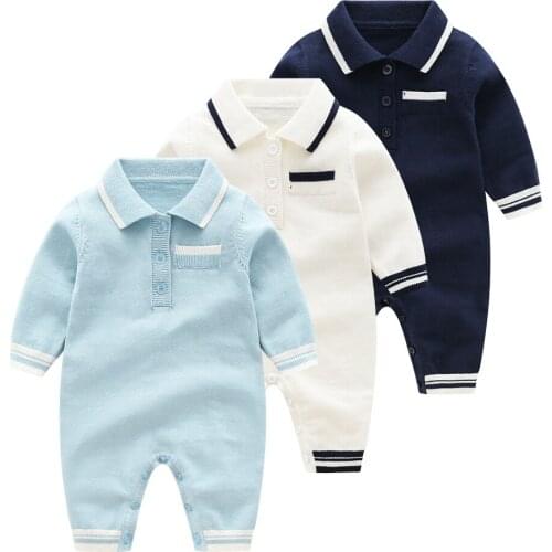 Newborn Baby Boys Rompers Long Sleeve Infant Cotton Knitted Jumpsuits Turn-Down Neck Toddler Autumn Winter Overall Clothes 0-18m
