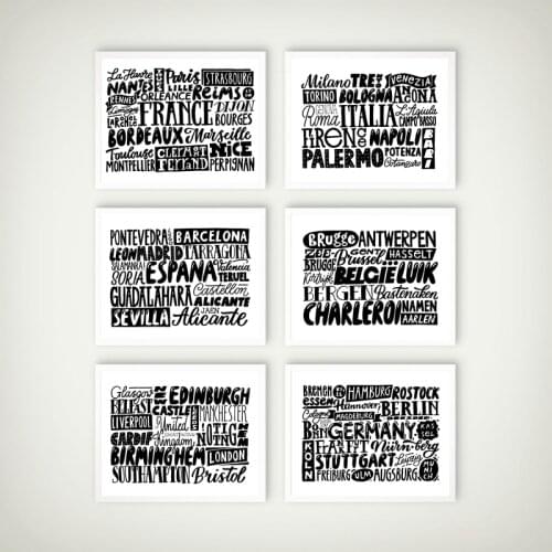 France Italy Spain Belgium German Cities Hand Drawn Lettering Posters United Kingdom of Great Britain City Typographic Prints