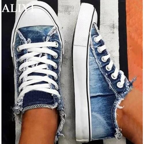ALIYI Daily Canvas Shoes 2021 Fashion Autumn Lace Up Denim Women Trendy Sneakers Comfortable Female Larged-Size Flats Loafers