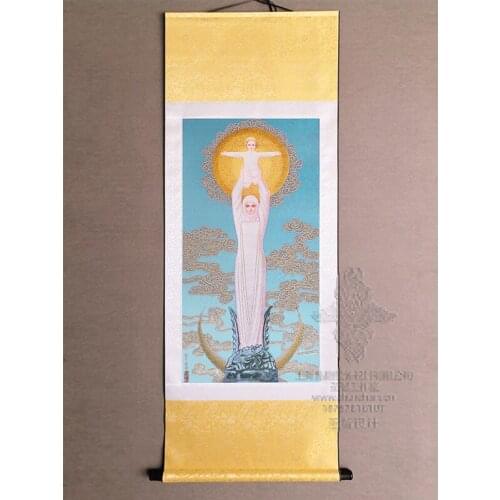 Our Lady of Sheshan China Painting Gold Brocade Print La Virgin Mary Little Jesus Catholic Holy Land Wood Hanging Rod Pray