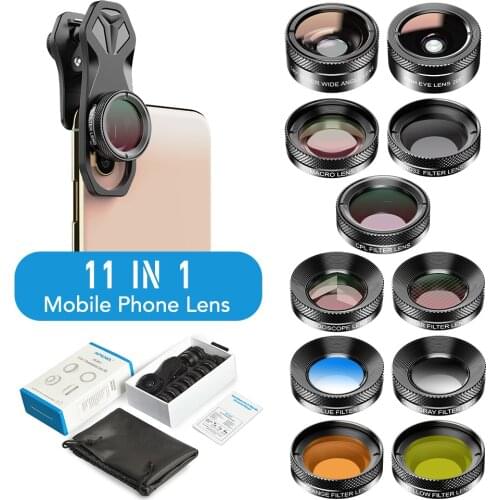 Apexel 11 in 1 Phone Camera Lens Kits Wide Angle Adjustable Telephoto Phone Lens Cellphone Lens Set
