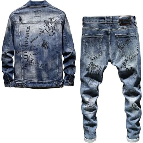 Fashion Slim Fit Graffiti Denim Jacket Coat Men Distressed Skinny Jeans Pants Personality Motorcycle Mens Denim Two Piece Set