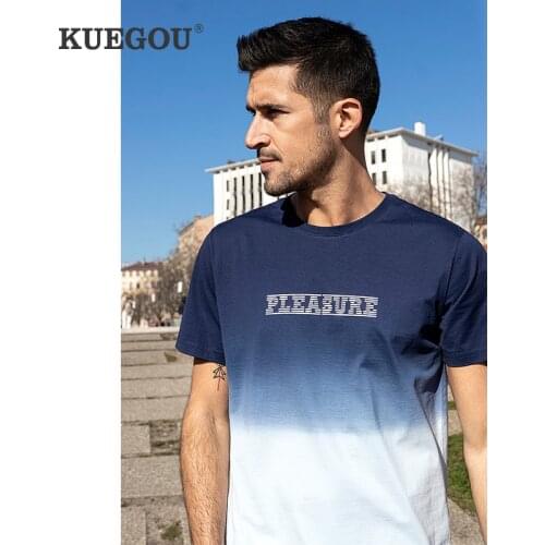 KUEGOU 100% Cotton Clothing Mens dip dye T-shirt Short Sleeve Fashion Gradient Tshirt Summer High Quality Top Plus Size 90080