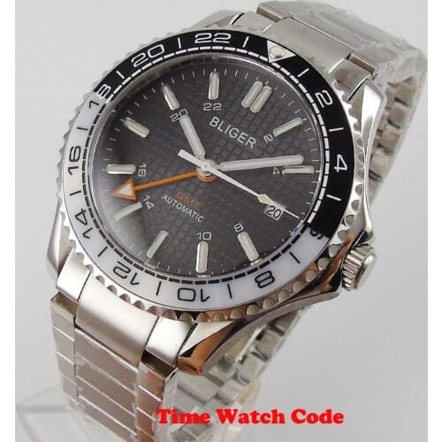 BLIGER 41mm Mens Wristwatch Automatic Movement Red GMT Ceramic bezel Date Window Sapphire Glass black dial luminous bracelet