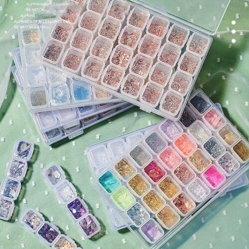 28Girds/Box 3D Nail Art Charms,Customized Gold Color Metal Rivet,Sea Shell,Flakes Slice Decorations Japanese Style Charms Set