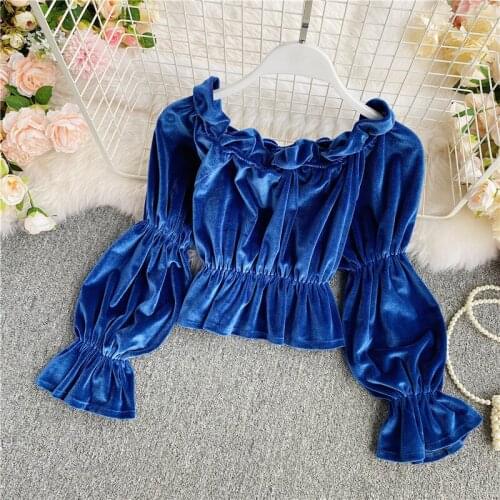 Autumn Off Shoulder Crop Top Women Velvet Blouse Vingate Shirts Puff Long Sleeve Femme Blusas Elegantes Fall 2021 Women Clothing