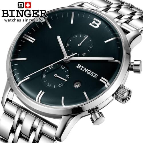 Switzerland Mens Watch luxury brand Wristwatches BINGER Quartz watch glowwatch full stainless steel Chronograph Diver B1122-2