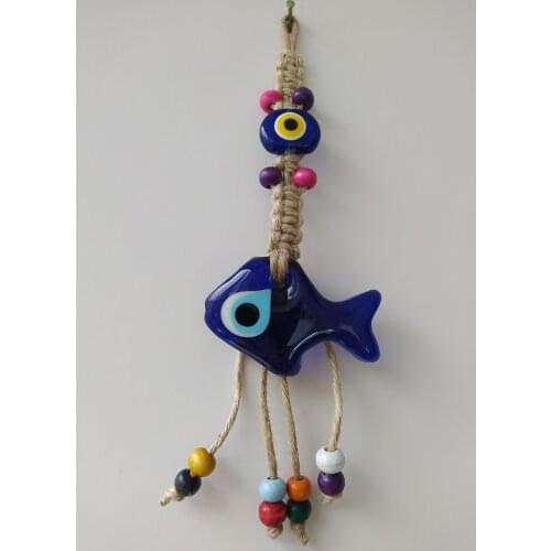 Fish Evil Eye Glass Bead Pendant Charm Turkish Handmade Amulet Macrome Wall Hanging Talisman Boho Home Decor Made in Turkey