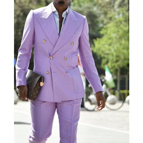 Light Purple Mens Suit Double Breasted Groom Wedding Tuxedos Best Man Suits Peaked Lapel Slim Fit Prom Party Blazer Jacket