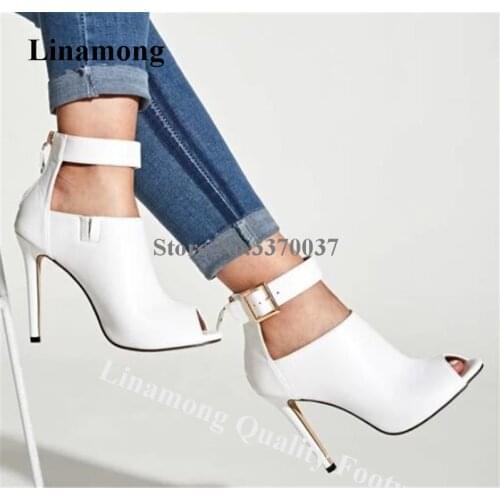 Linamong Elegant Peep Toe Stiletto Heel Gladiator Pumps White Black Cut-out Ankle Buckles High Heels Formal Dress Shoes Big Size