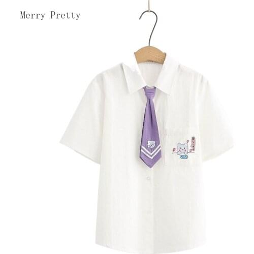 Women Cartoon Embroidery Cotton Shirts With Tie 2021 Summer Single Breasted Short Sleeve Turndown Collar Blouse Sweet Style Tops