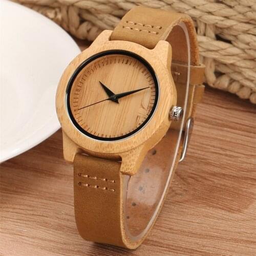 Natural Simple Bamboo Wood Watch Lady Quartz Wristwatch Brown Genuine Leather Watch Band Casual Womens Wooden Timepiece