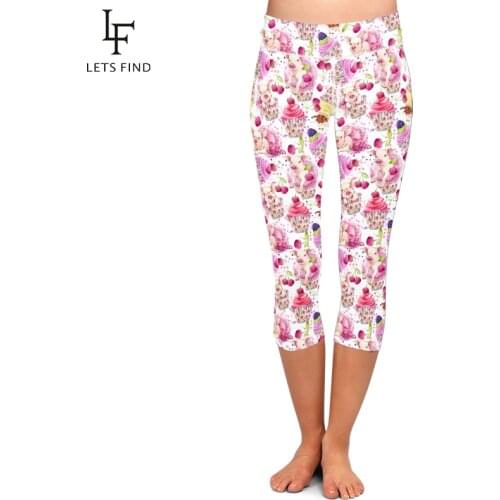 LETSFIND Cute Cupcake and Pig Printing Women High Waist Fitness Mid-Calf Leggings Plus Size Soft Slim Capri Leggings