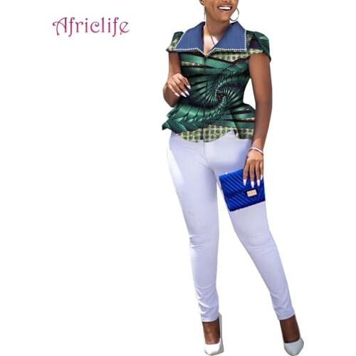 African Print Peplum Top Women Handmade Ankara Jacket Front Zipper with Pearls Summer Coat Fashion Patchwork Clothing WY9070