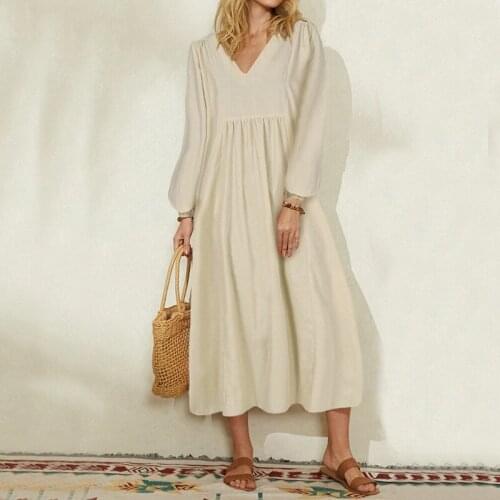 Plus size 3xl women cotton dress Lantern long sleeve vneck loose long dress White orange spring summer maxi beach dress vestidos