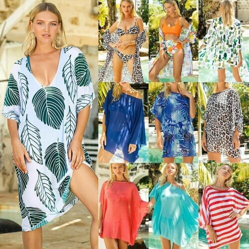 Womens Sheer Bikini Cover Up Dress Loose Leopard Deep V-neck Mini Beach Dresses Swim Bathing Suit Summer Beach Tunic Swimwear