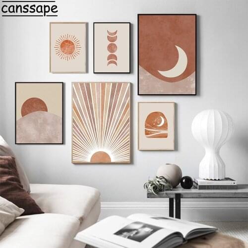 Abstract Landscape Sun Moon Wall Art Posters Scene Boho Canvas Print Paintings Mid Century Art Poster Wall Pictures Home Decor
