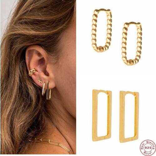 Aide 925 Sterling Silver Minimalist Square Rectangle Gold Hoop Earrings For Women Chic Geometric Beads Huggie Earring Jewelry