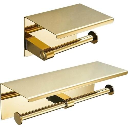 Double Roll Toilet Paper Holder with Phone Shelf, Stainless Steel Gold, Bathroom Tissue Holder Wall Mounted Tissue Dispenser