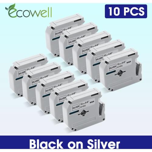 Ecowell 10Pcs MK931 MK-931 For Brother 12mm MK 931 M-K931 Black on Silver label tape for Brother P-Touch PT-70 PT-90 label Maker