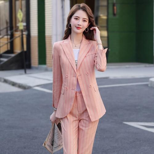 IZICFLY new style striped khaki pink 2 piece set women pants suit Elegant office Trouser and jacket blazer set Business OL Work