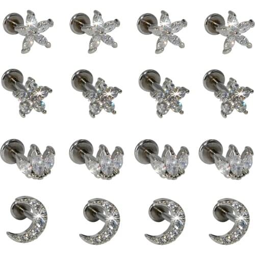 4PCS G23 Titanium&Steel CZ Gem Flower Labret Lip Bar Ring Crystal Ear Lobe Ear Cartilage Tragus Helix Piercing Screw Fit Top