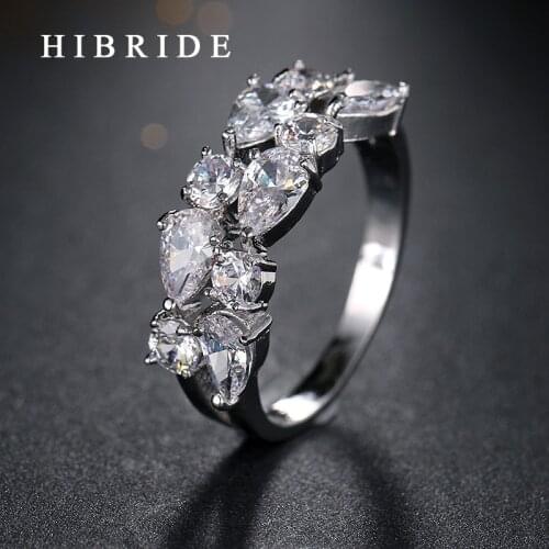 HIBRIDE Classic Water Drop CZ Women Wedding Rings Zircon 3 Prong Setting Engagement Ring Ladies Party Gifts QSP0010-128