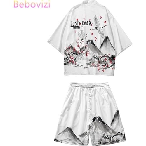 Chinese Style Crane Kimono Shorts Pants Sets Two-piece Suit Japanese Cardigan Women Men Cosplay Yukata Clothing Harajuku Haori