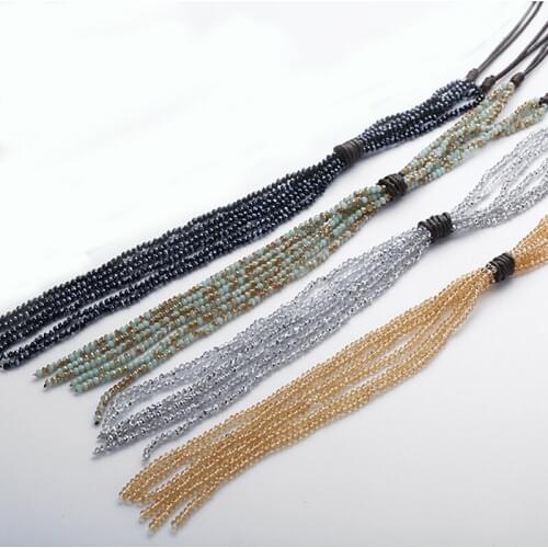 Fashion Women Dress Halsband Mini Blue/Green Crystal Tassel Beads Pendant Necklace Handmade Jewelry