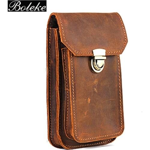 BOLEKE 2018 NEW Genuine Leather Vintage Waist Packs Men Travel Fanny Pack Belt Loops Hip Bum Bag Waist Bag Mobile Phone Pouch