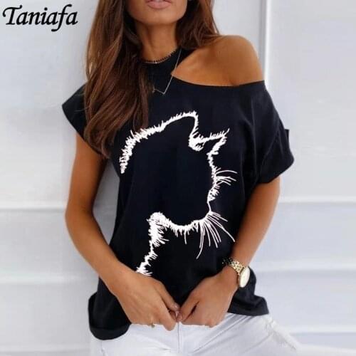 NEW Summer Womens Fashion Casual O-neck Short Sleeve T-shirt Off Shoulder Top Printing Blouses Plus Size Tops