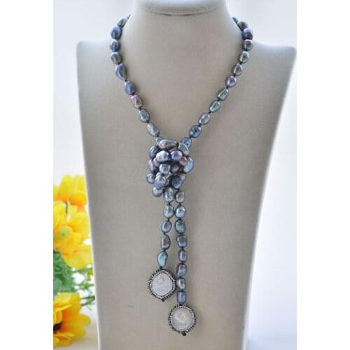 P7354 32" 20mm Black Baroque & White Coin Pearl CZ Necklace