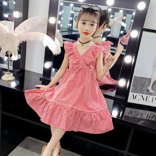 Teen Dress Summer Dress For Girl Children Cotton Plaid Party Dress Lace Kids Clothes V-Neck For Girls 3 4 5 6 7 8 9 10 11 12